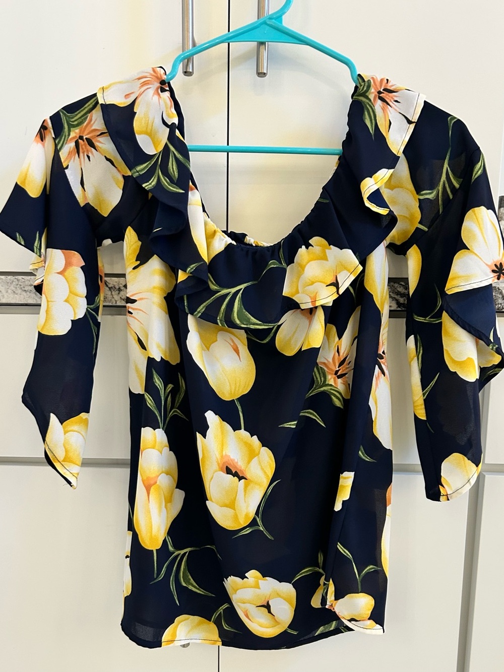 Altered State Navy Floral Ruffle Neck Blouse - Yellow Flower Print